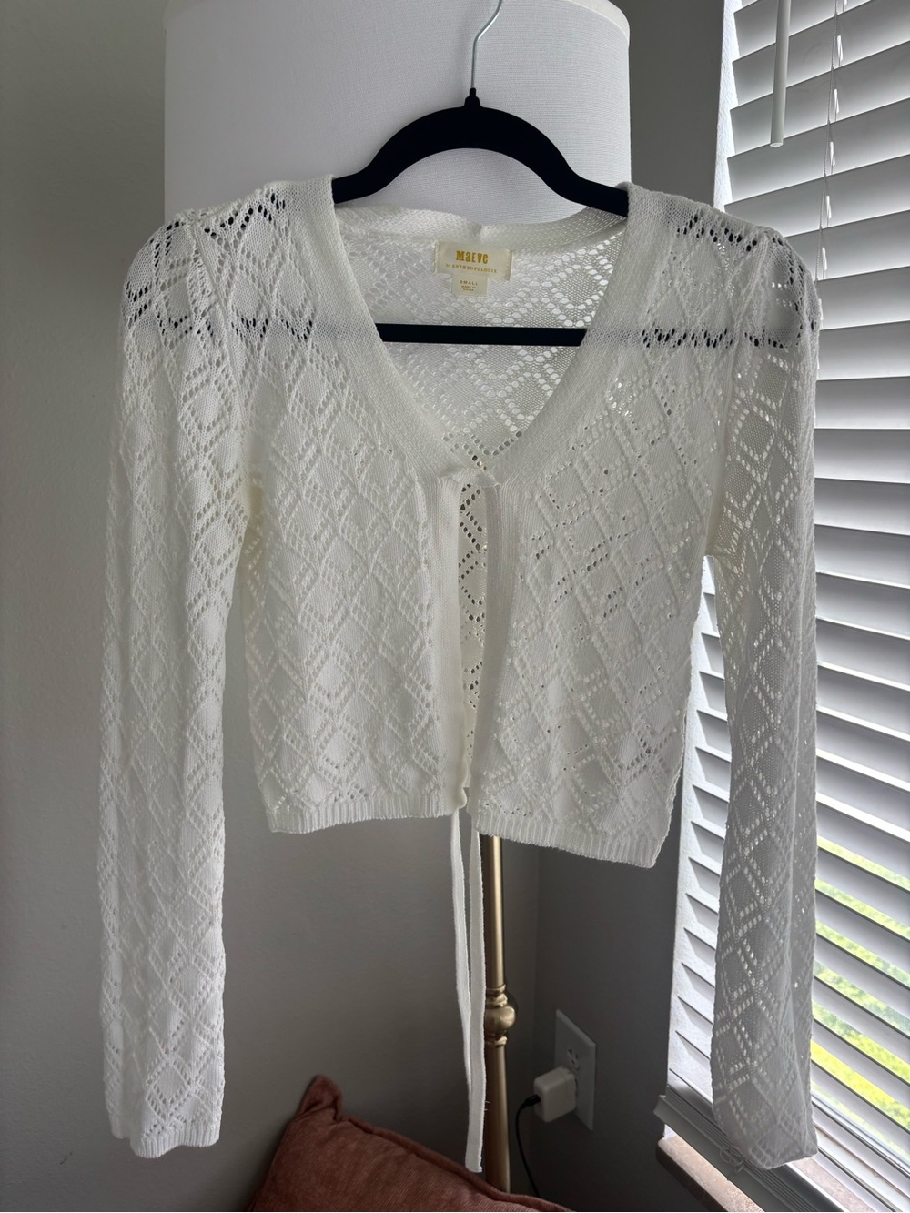 Maeve White Openwork V-Neck Cropped Cardigan Sweater